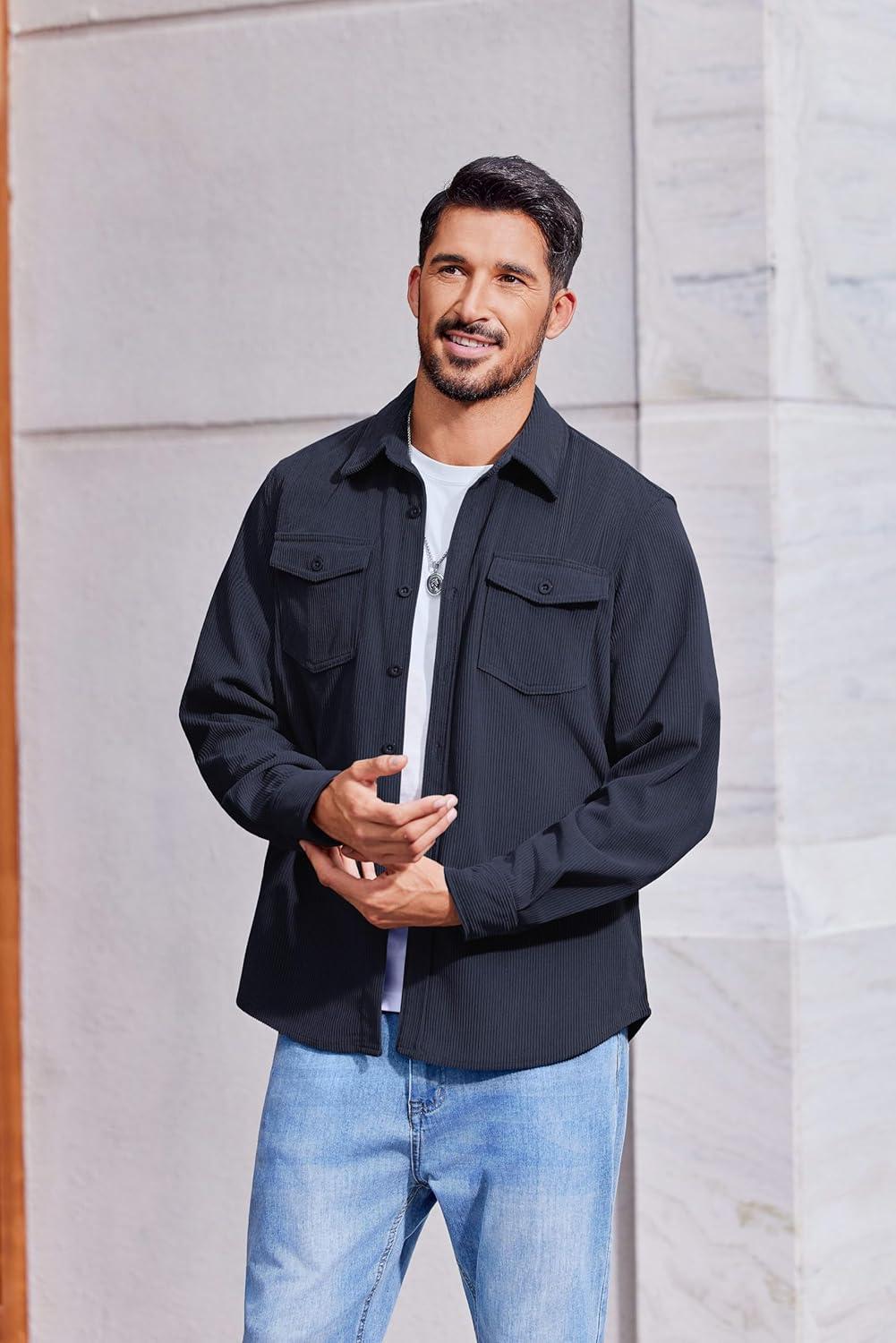 imageCOOFANDY Mens Corduroy Button Down Shirts Jackets Casual Long Sleeve Shacket Lightweight Overshirts with Flap PocketsDark Blue