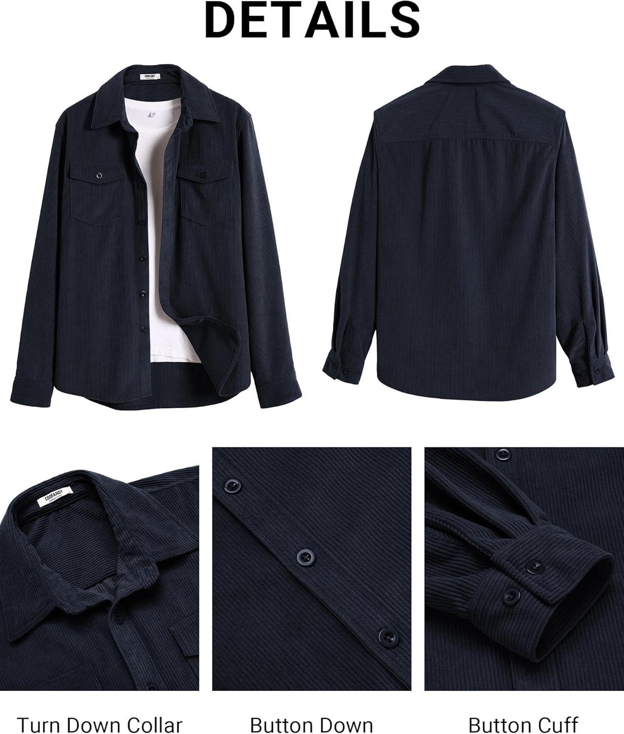 imageCOOFANDY Mens Corduroy Button Down Shirts Jackets Casual Long Sleeve Shacket Lightweight Overshirts with Flap PocketsDark Blue