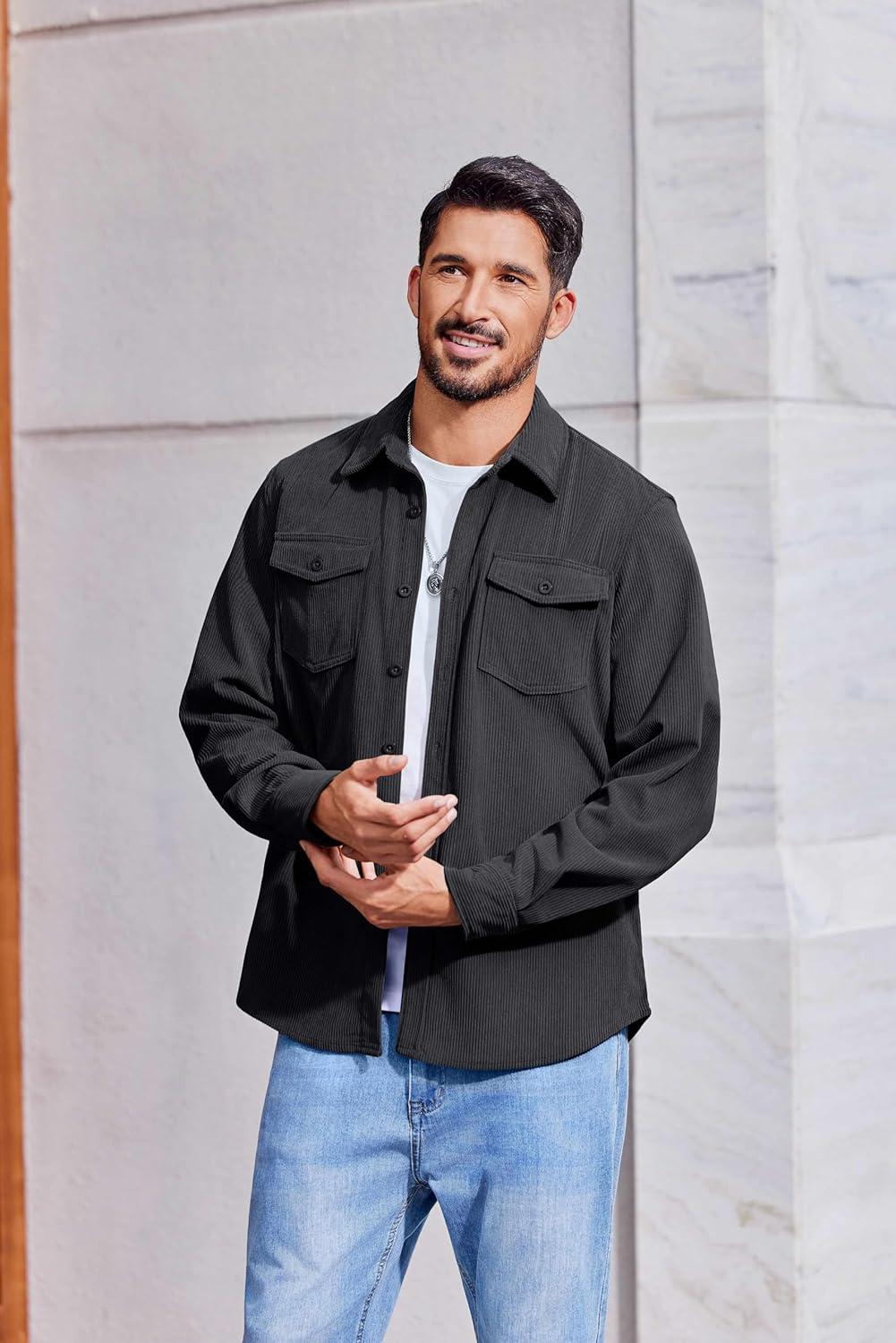 imageCOOFANDY Mens Corduroy Button Down Shirts Jackets Casual Long Sleeve Shacket Lightweight Overshirts with Flap PocketsDark Gray