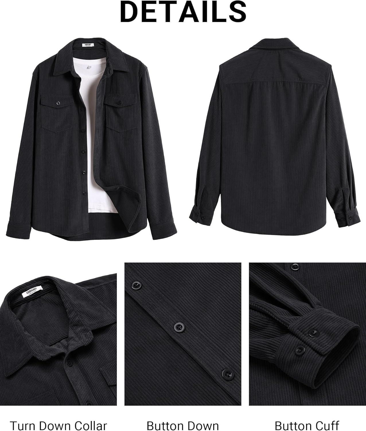 imageCOOFANDY Mens Corduroy Button Down Shirts Jackets Casual Long Sleeve Shacket Lightweight Overshirts with Flap PocketsDark Gray