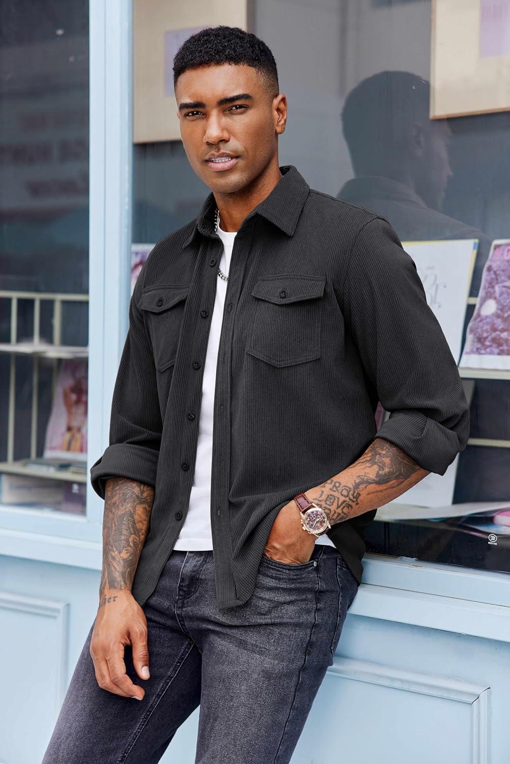 imageCOOFANDY Mens Corduroy Button Down Shirts Jackets Casual Long Sleeve Shacket Lightweight Overshirts with Flap PocketsDark Gray