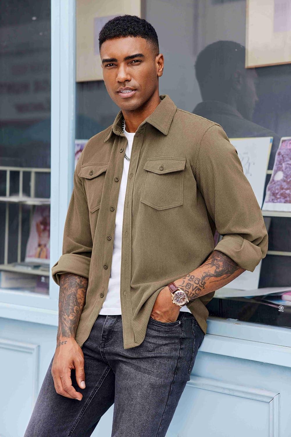 imageCOOFANDY Mens Corduroy Button Down Shirts Jackets Casual Long Sleeve Shacket Lightweight Overshirts with Flap PocketsKhaki