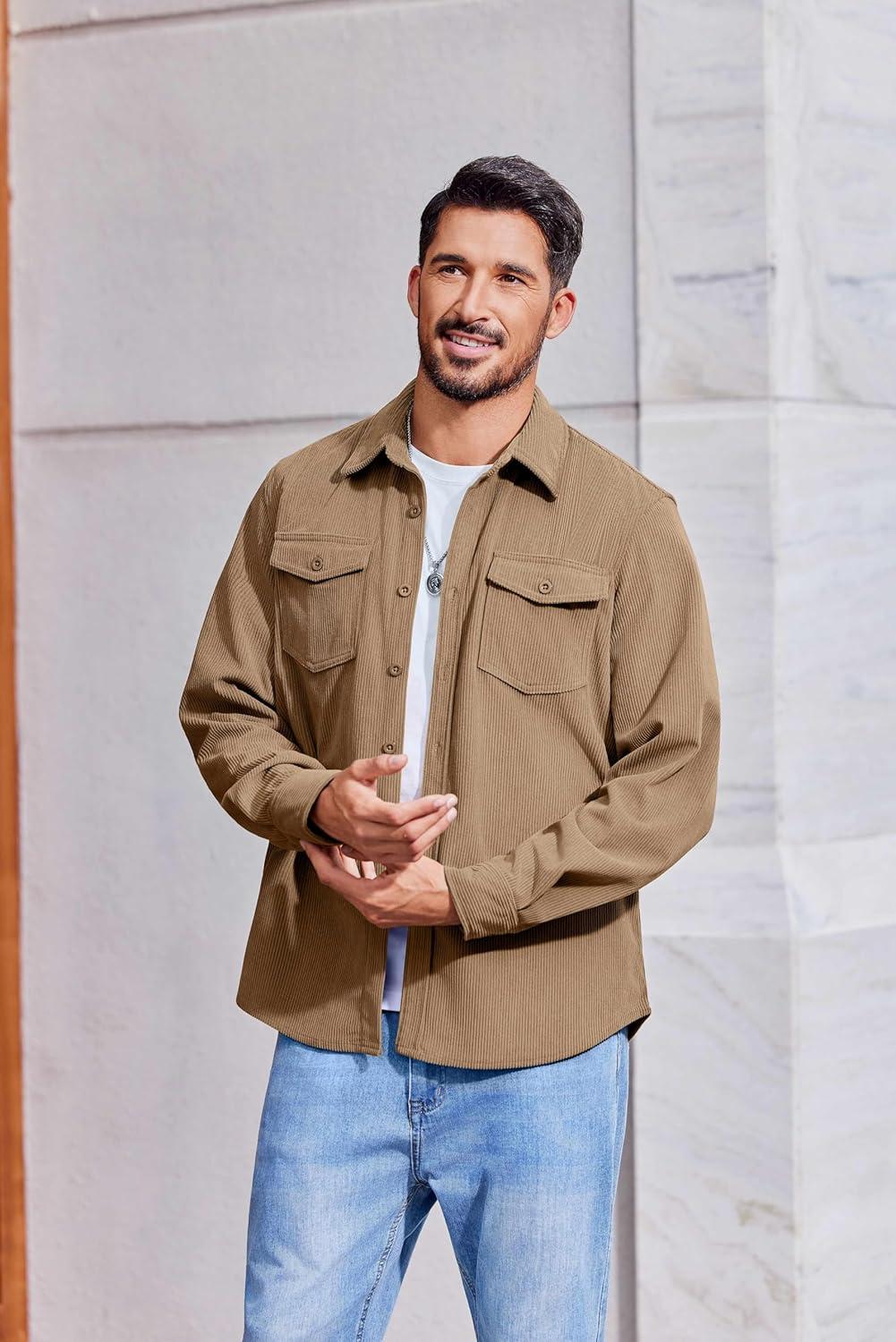 imageCOOFANDY Mens Corduroy Button Down Shirts Jackets Casual Long Sleeve Shacket Lightweight Overshirts with Flap PocketsKhaki