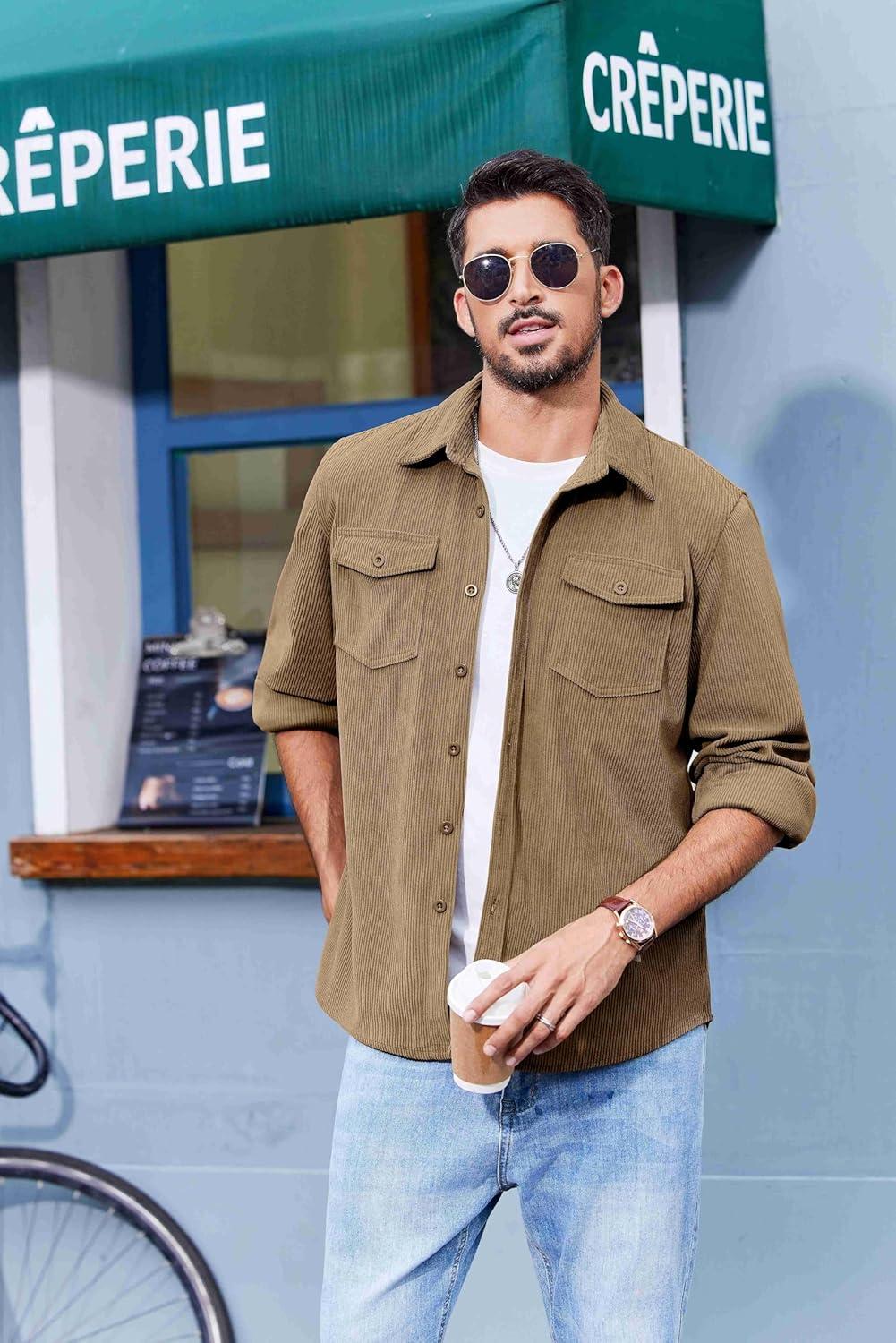 imageCOOFANDY Mens Corduroy Button Down Shirts Jackets Casual Long Sleeve Shacket Lightweight Overshirts with Flap PocketsKhaki