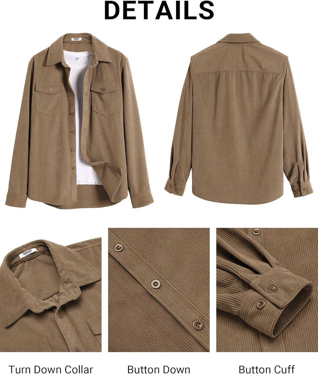 imageCOOFANDY Mens Corduroy Button Down Shirts Jackets Casual Long Sleeve Shacket Lightweight Overshirts with Flap PocketsKhaki