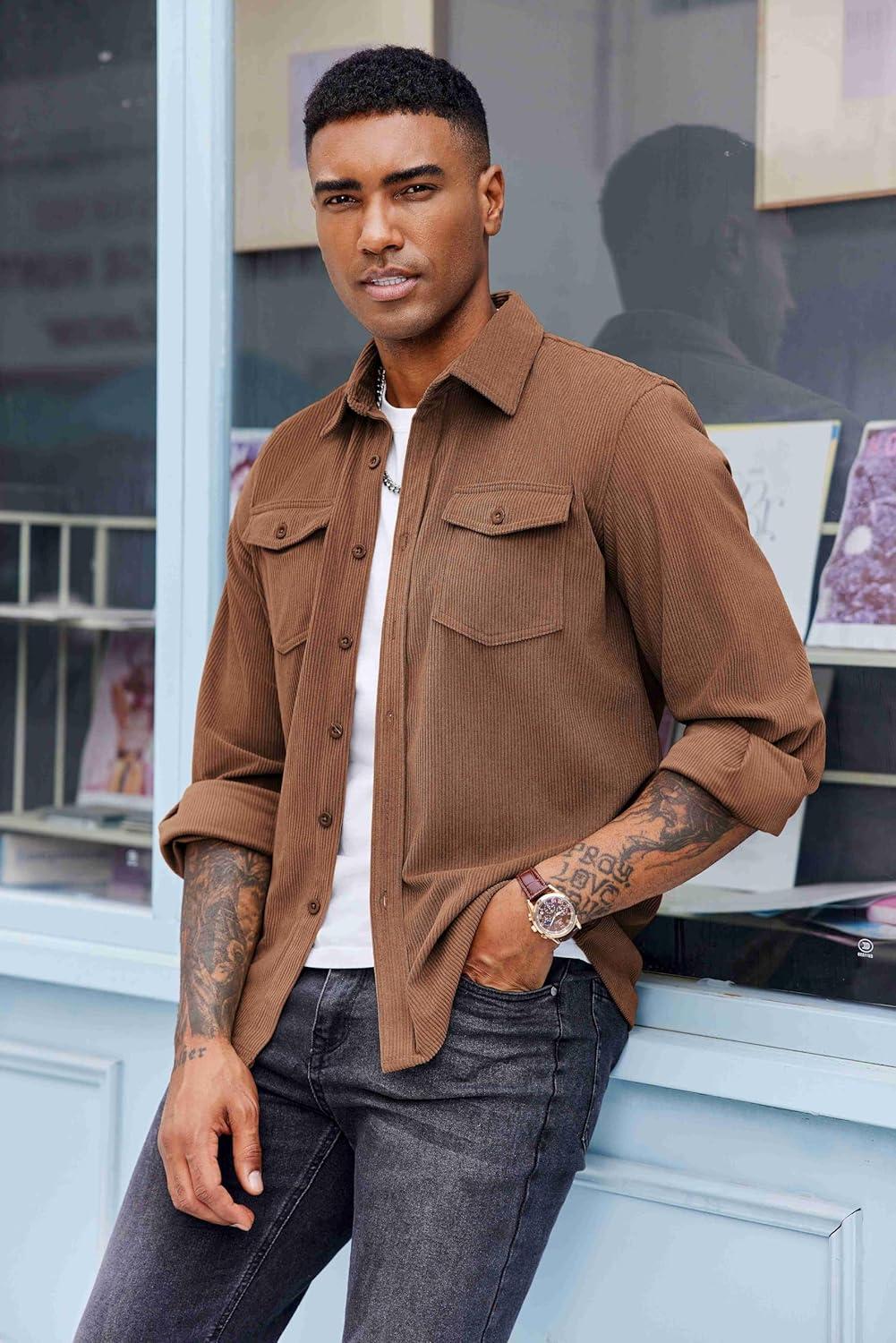 imageCOOFANDY Mens Corduroy Button Down Shirts Jackets Casual Long Sleeve Shacket Lightweight Overshirts with Flap PocketsLight Brown