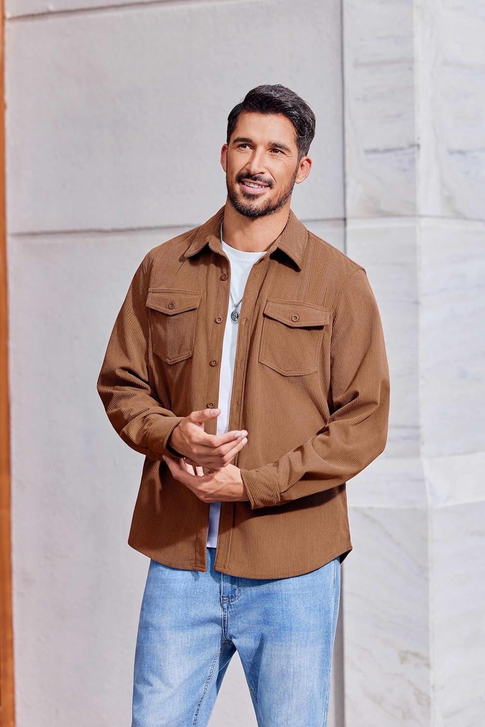 imageCOOFANDY Mens Corduroy Button Down Shirts Jackets Casual Long Sleeve Shacket Lightweight Overshirts with Flap PocketsLight Brown