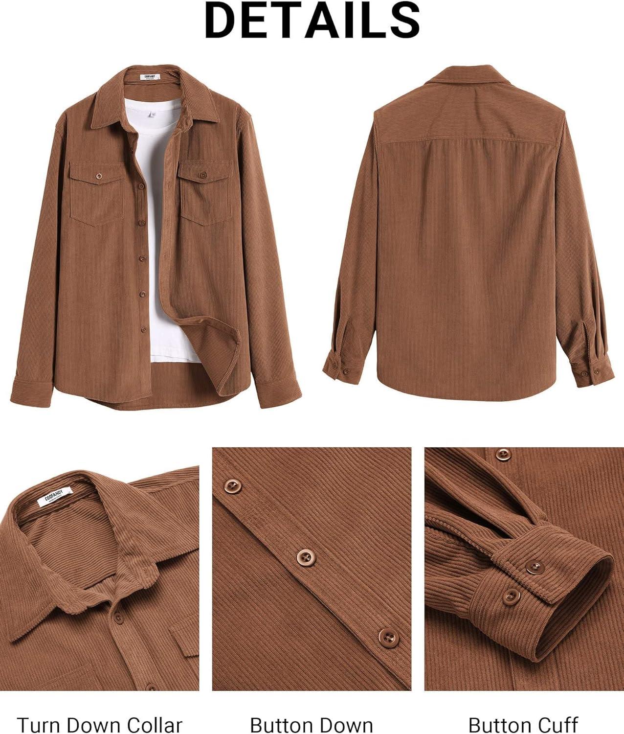 imageCOOFANDY Mens Corduroy Button Down Shirts Jackets Casual Long Sleeve Shacket Lightweight Overshirts with Flap PocketsLight Brown