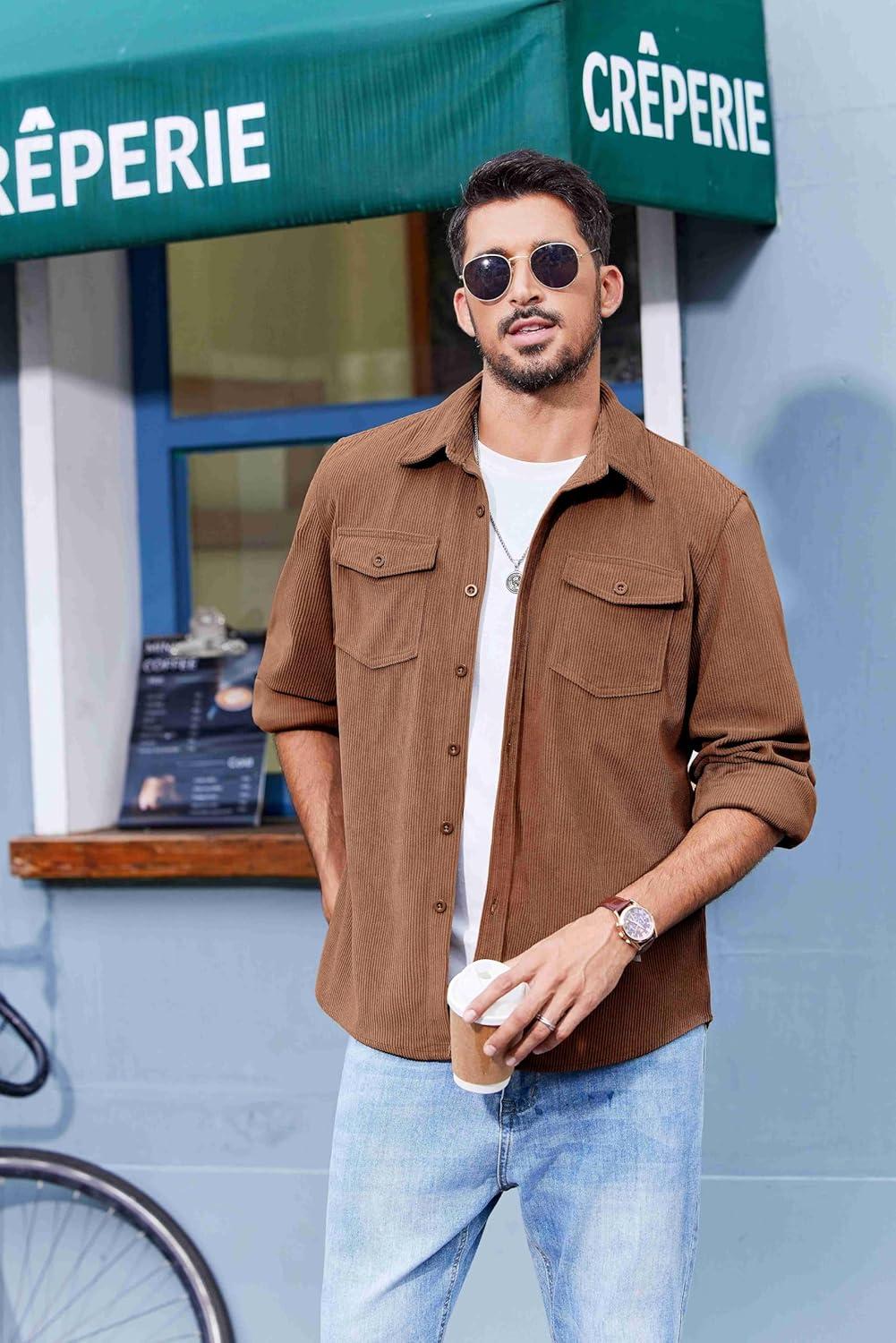 imageCOOFANDY Mens Corduroy Button Down Shirts Jackets Casual Long Sleeve Shacket Lightweight Overshirts with Flap PocketsLight Brown