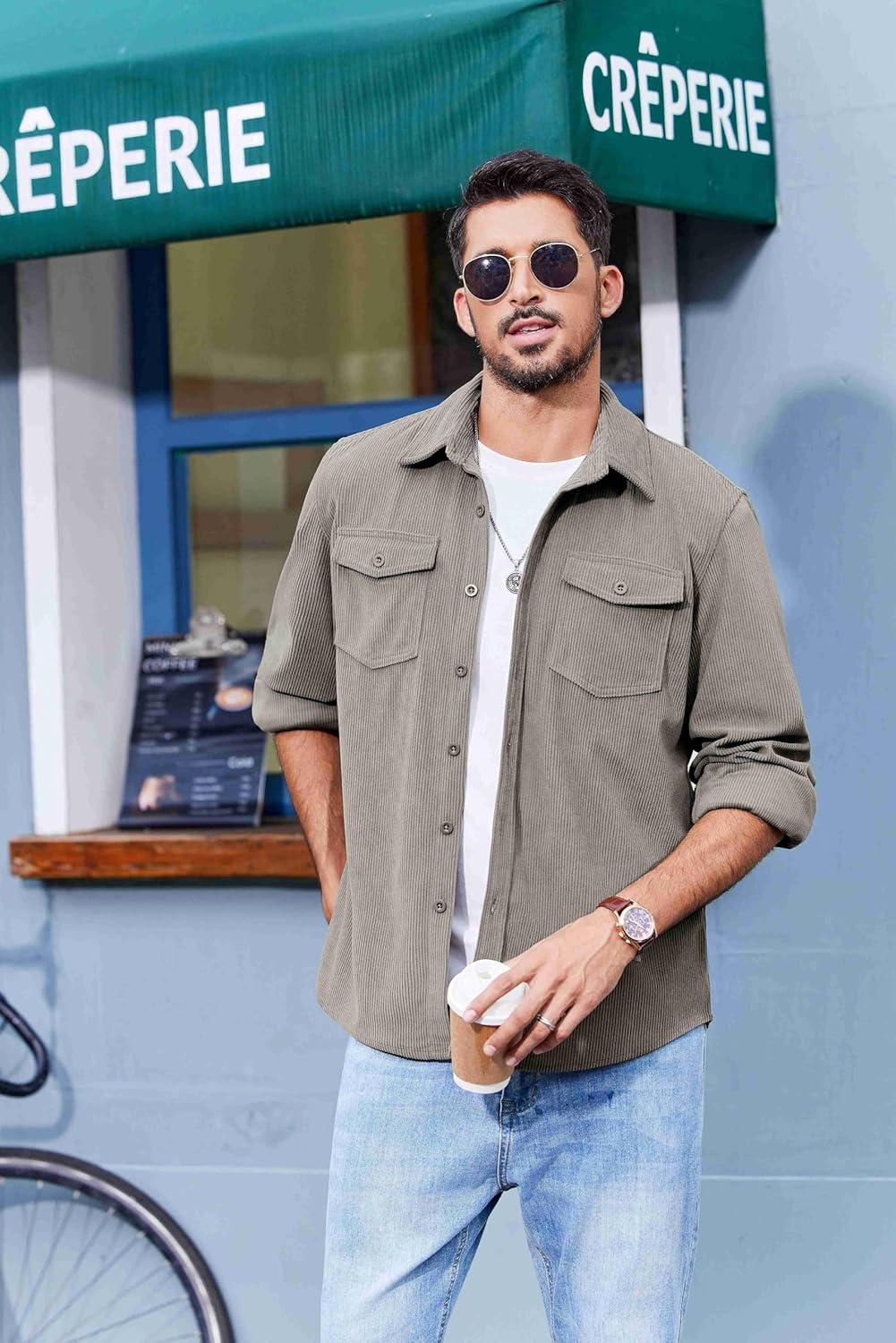 imageCOOFANDY Mens Corduroy Button Down Shirts Jackets Casual Long Sleeve Shacket Lightweight Overshirts with Flap PocketsLight Gray
