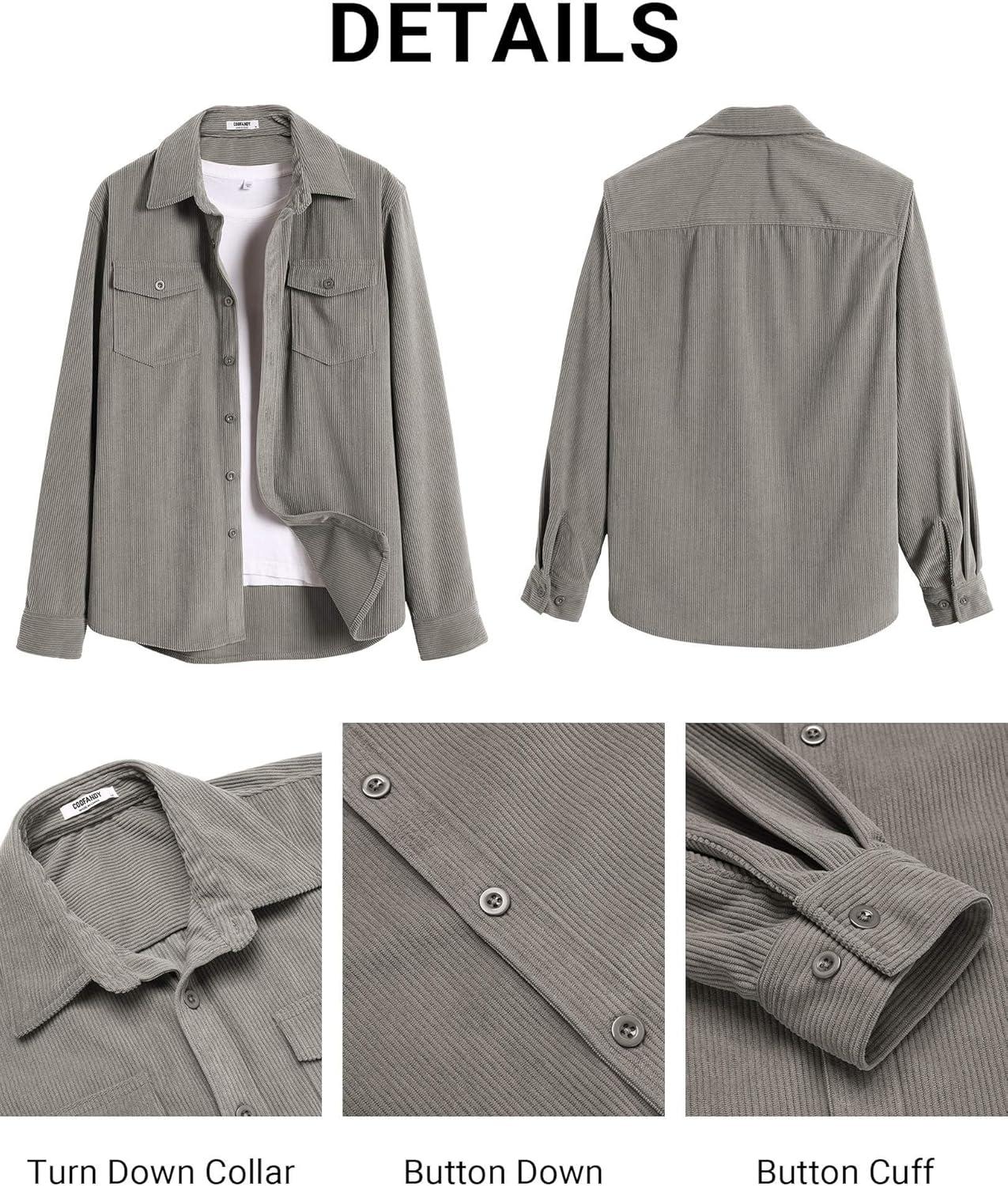 imageCOOFANDY Mens Corduroy Button Down Shirts Jackets Casual Long Sleeve Shacket Lightweight Overshirts with Flap PocketsLight Gray