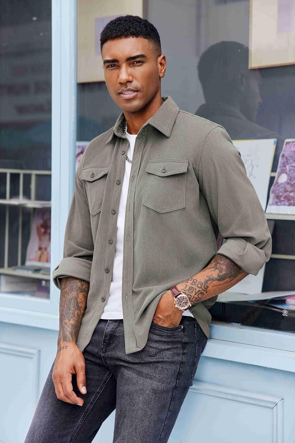 imageCOOFANDY Mens Corduroy Button Down Shirts Jackets Casual Long Sleeve Shacket Lightweight Overshirts with Flap PocketsLight Gray