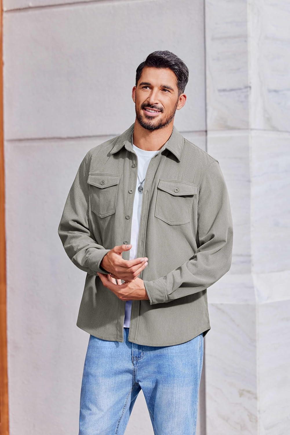 imageCOOFANDY Mens Corduroy Button Down Shirts Jackets Casual Long Sleeve Shacket Lightweight Overshirts with Flap PocketsLight Gray