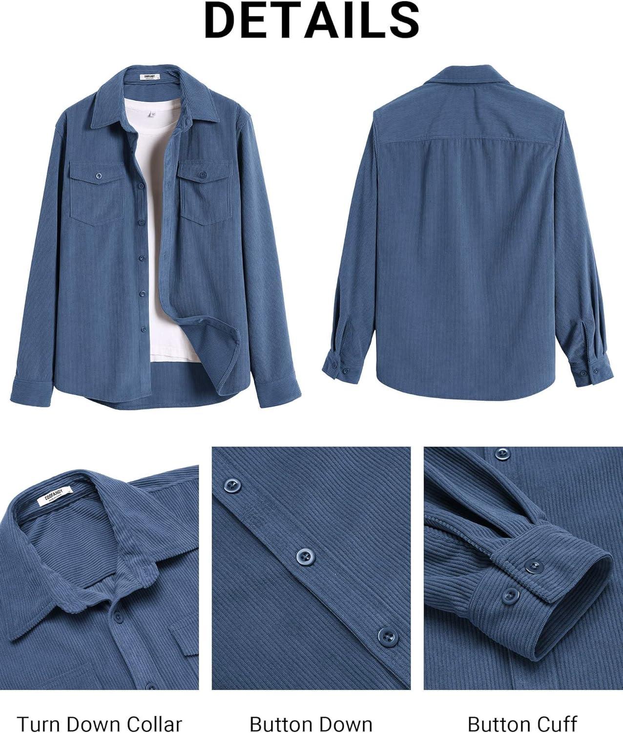 imageCOOFANDY Mens Corduroy Button Down Shirts Jackets Casual Long Sleeve Shacket Lightweight Overshirts with Flap PocketsNavy Blue