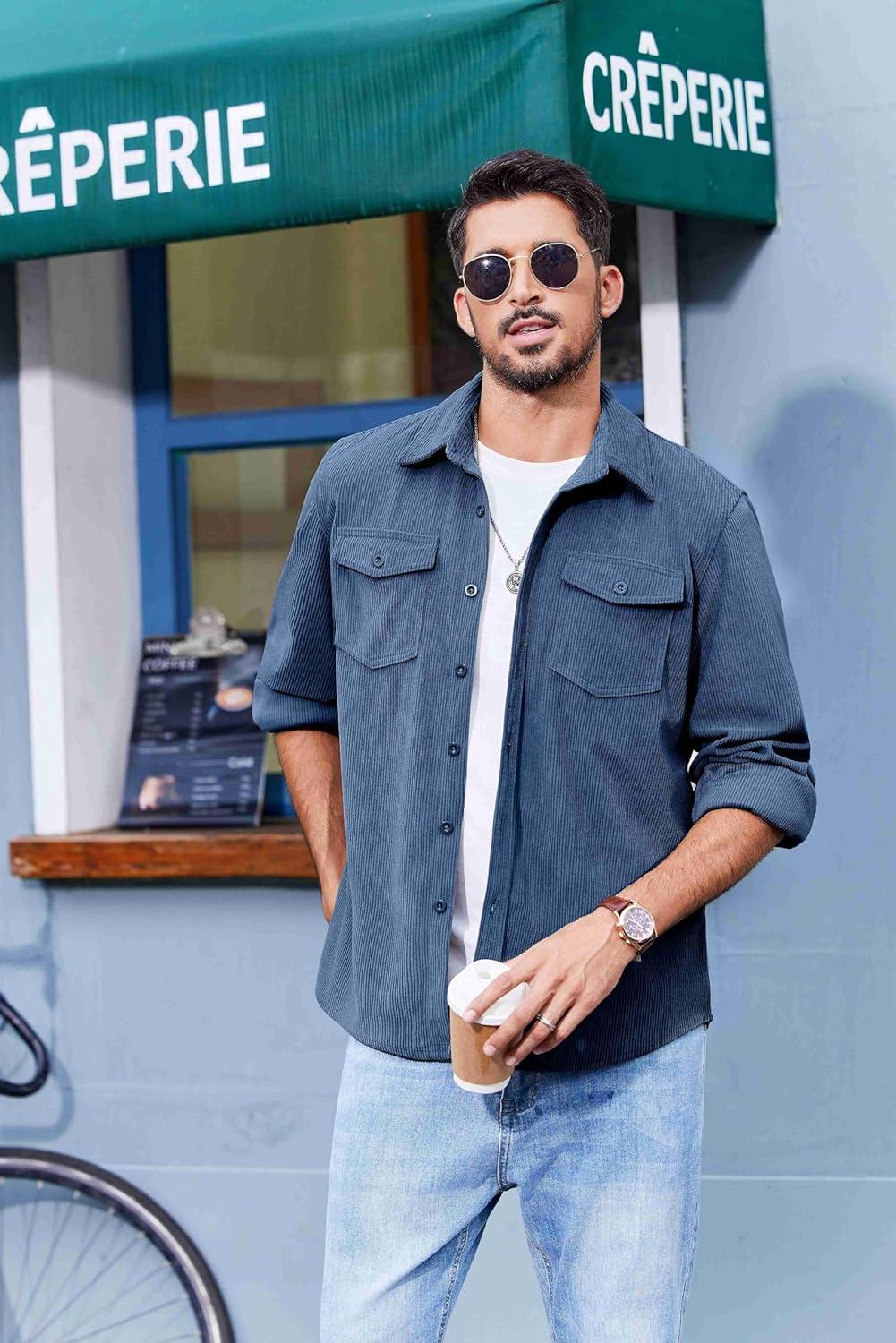 imageCOOFANDY Mens Corduroy Button Down Shirts Jackets Casual Long Sleeve Shacket Lightweight Overshirts with Flap PocketsNavy Blue