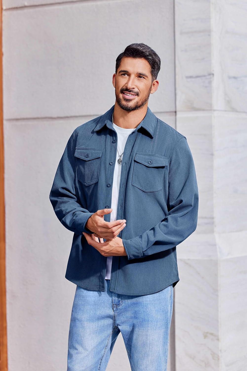 imageCOOFANDY Mens Corduroy Button Down Shirts Jackets Casual Long Sleeve Shacket Lightweight Overshirts with Flap PocketsNavy Blue