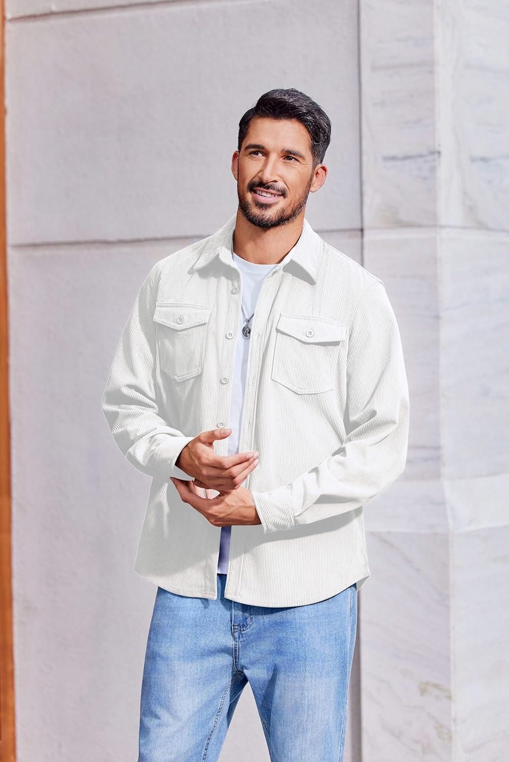 imageCOOFANDY Mens Corduroy Button Down Shirts Jackets Casual Long Sleeve Shacket Lightweight Overshirts with Flap PocketsWhite