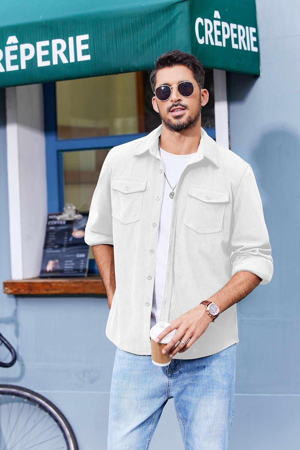 imageCOOFANDY Mens Corduroy Button Down Shirts Jackets Casual Long Sleeve Shacket Lightweight Overshirts with Flap PocketsWhite