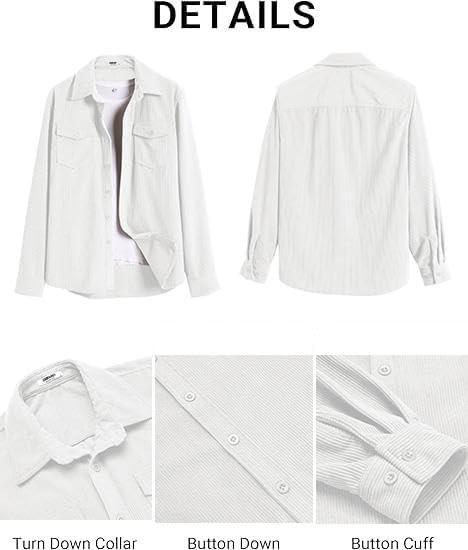 imageCOOFANDY Mens Corduroy Button Down Shirts Jackets Casual Long Sleeve Shacket Lightweight Overshirts with Flap PocketsWhite