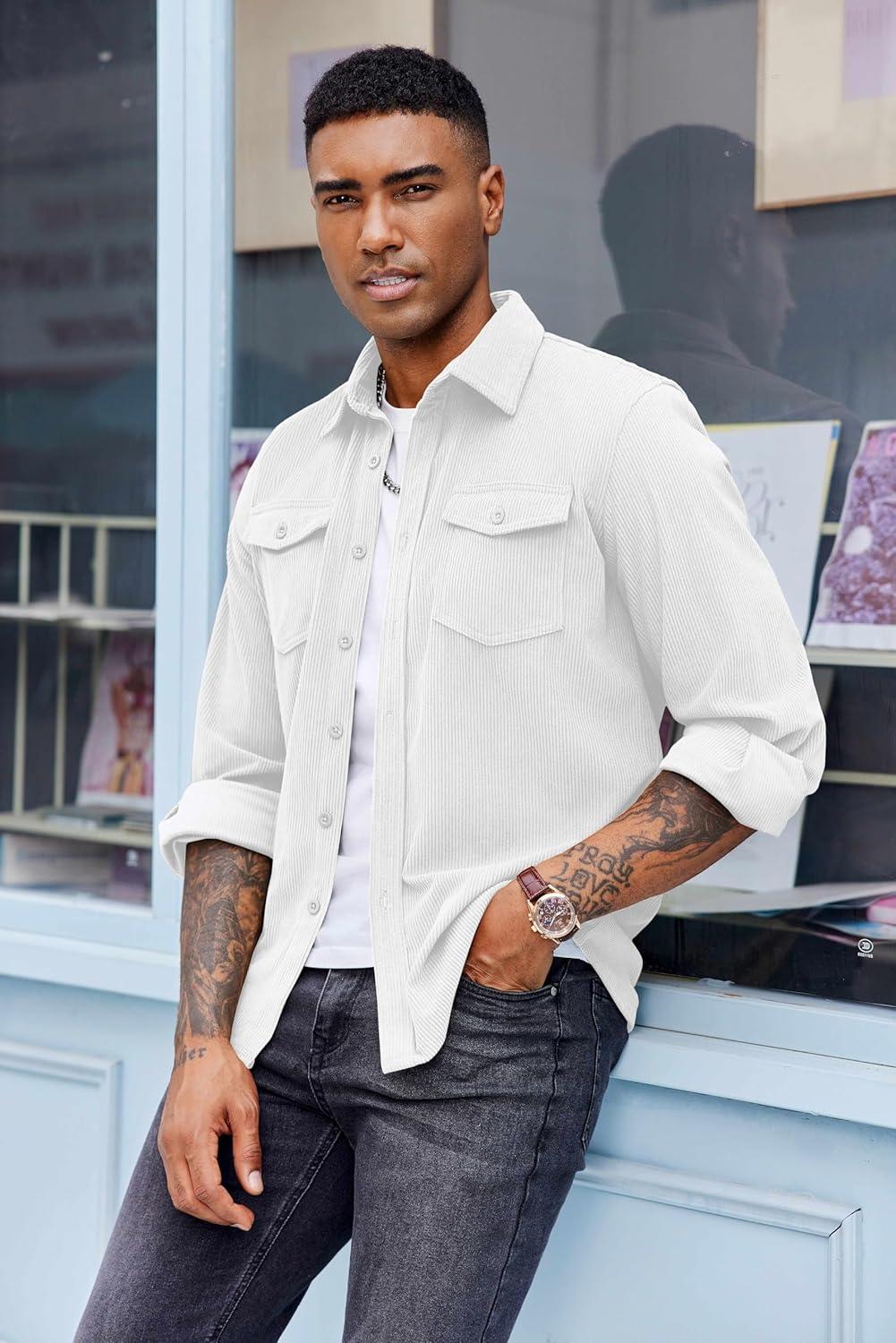 imageCOOFANDY Mens Corduroy Button Down Shirts Jackets Casual Long Sleeve Shacket Lightweight Overshirts with Flap PocketsWhite