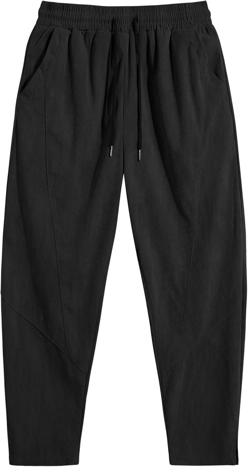 imageCOOFANDY Mens Corduroy Pants Elastic Waist Drawstring Harem Pants Fashion Loose Casual Long Trousers with 4 PocketsBlack