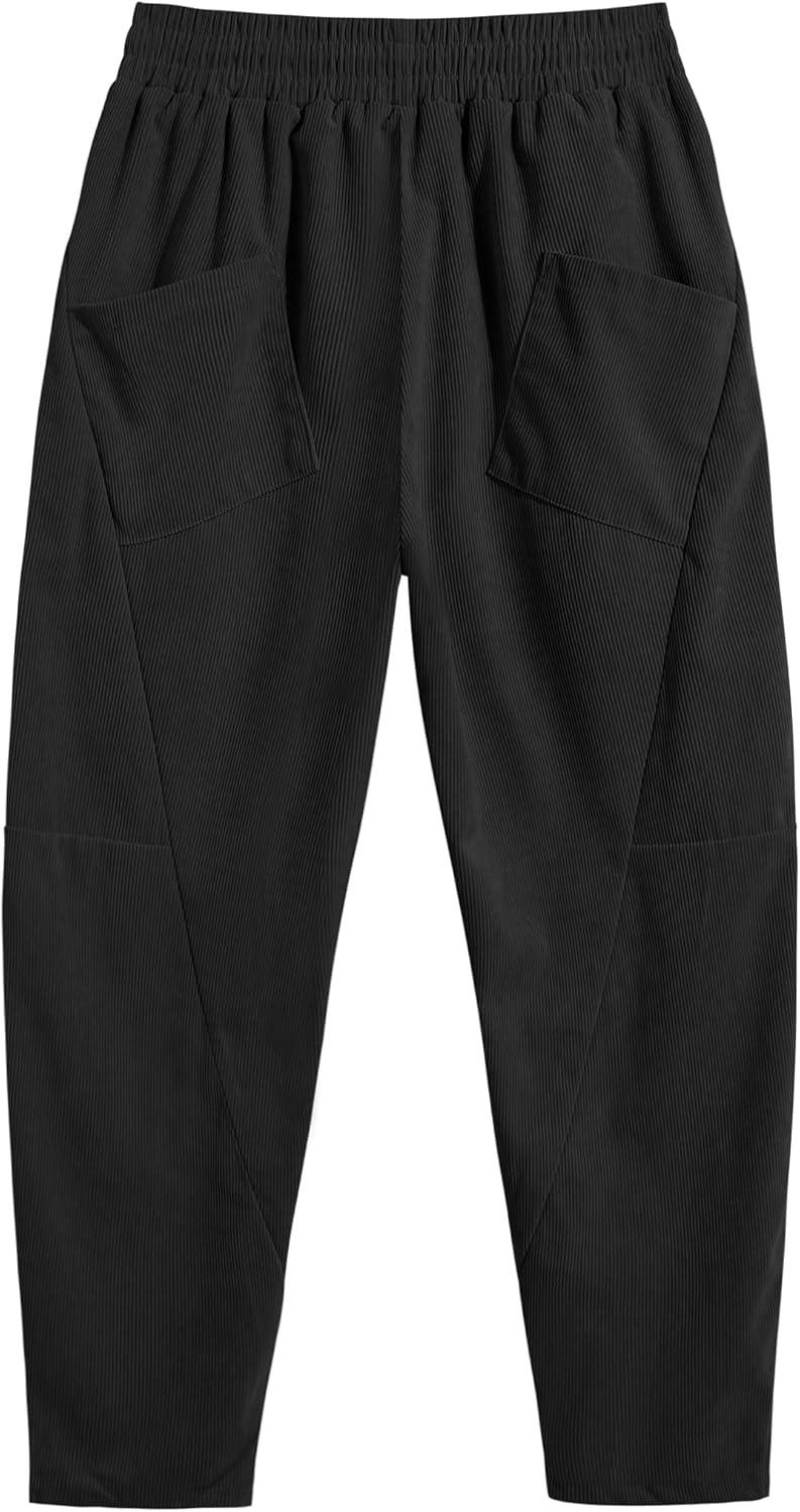 imageCOOFANDY Mens Corduroy Pants Elastic Waist Drawstring Harem Pants Fashion Loose Casual Long Trousers with 4 PocketsBlack