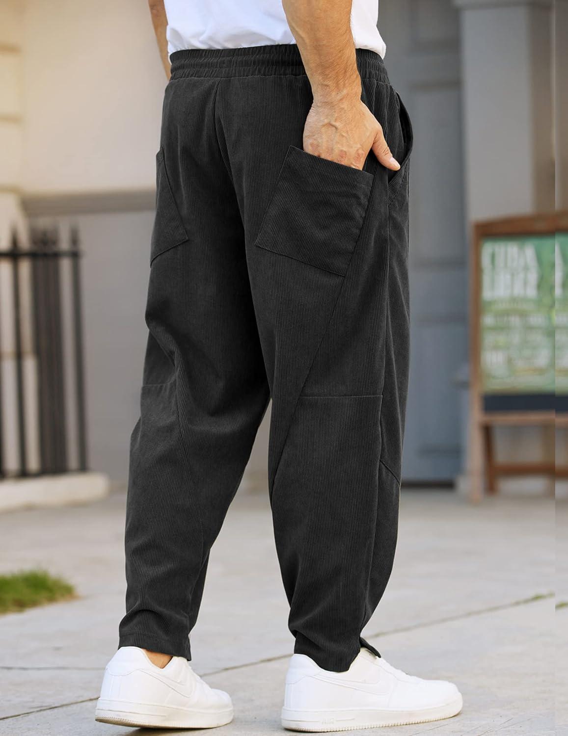 imageCOOFANDY Mens Corduroy Pants Elastic Waist Drawstring Harem Pants Fashion Loose Casual Long Trousers with 4 PocketsBlack