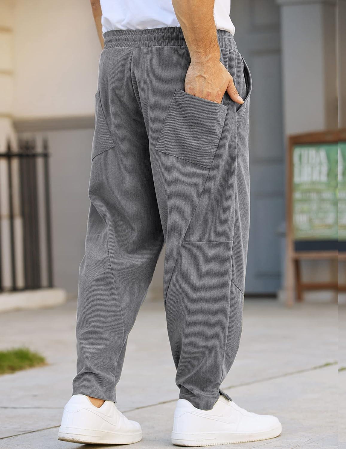 imageCOOFANDY Mens Corduroy Pants Elastic Waist Drawstring Harem Pants Fashion Loose Casual Long Trousers with 4 PocketsGrey