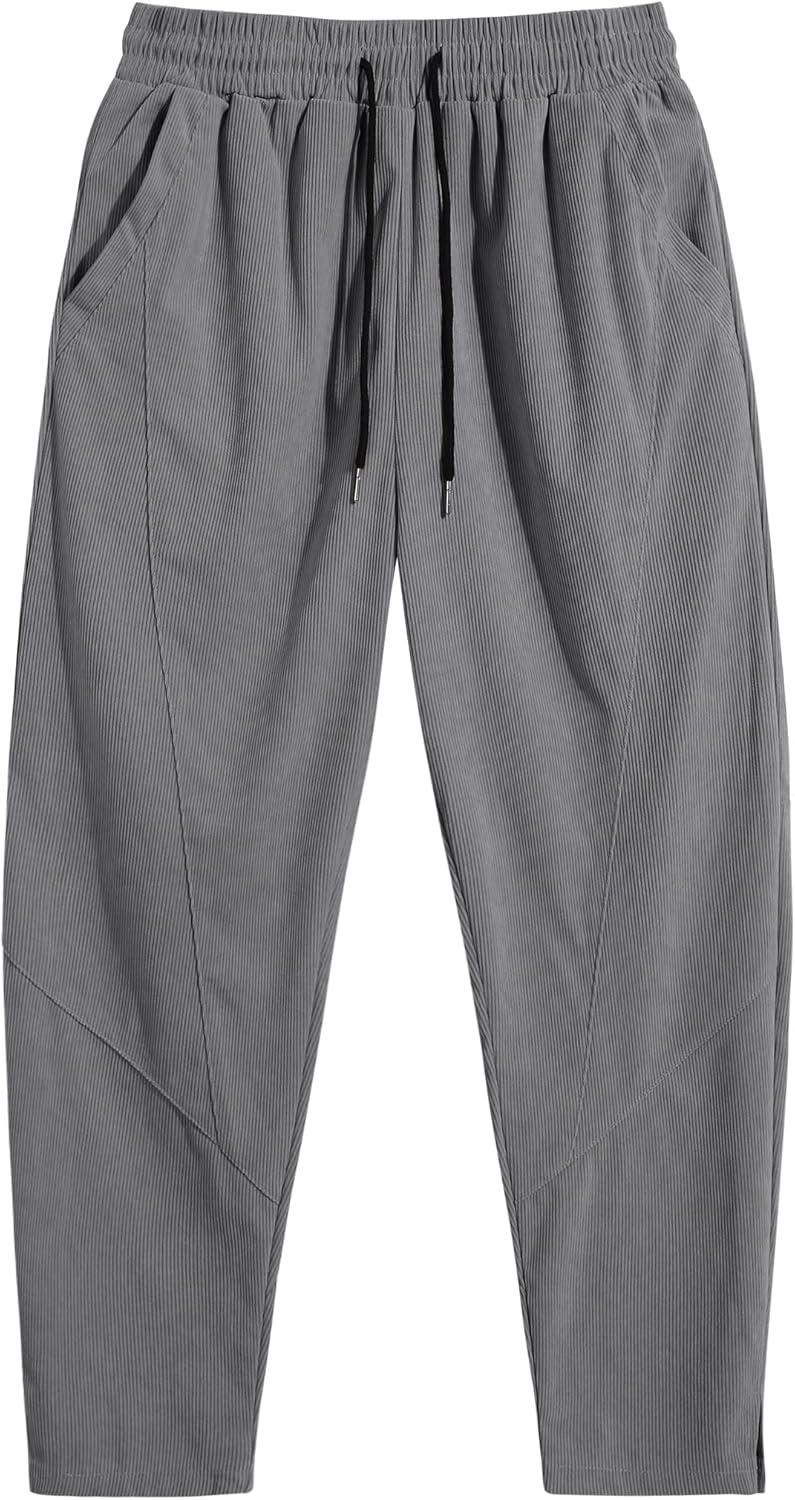 imageCOOFANDY Mens Corduroy Pants Elastic Waist Drawstring Harem Pants Fashion Loose Casual Long Trousers with 4 PocketsGrey