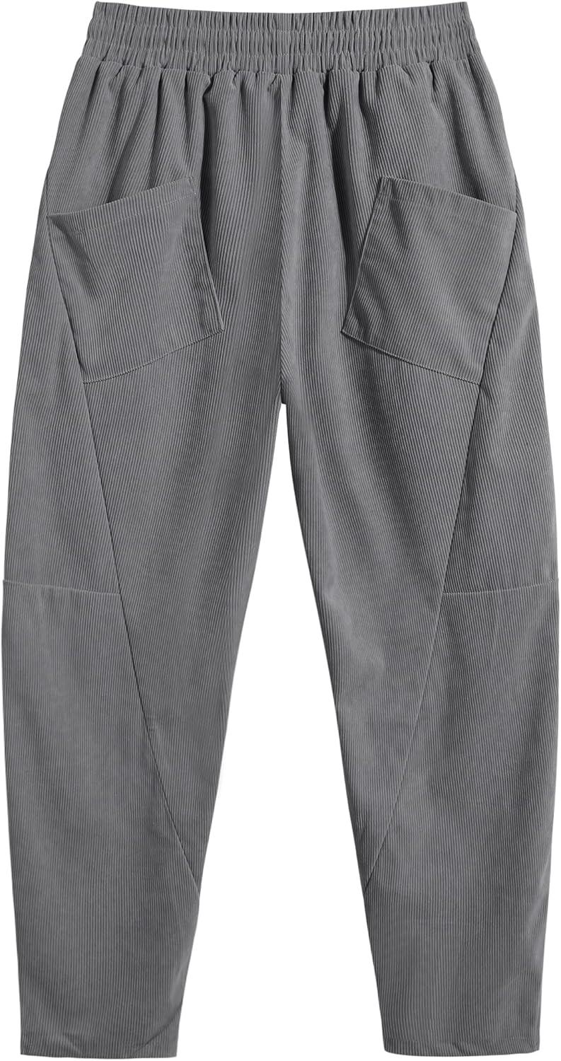 imageCOOFANDY Mens Corduroy Pants Elastic Waist Drawstring Harem Pants Fashion Loose Casual Long Trousers with 4 PocketsGrey