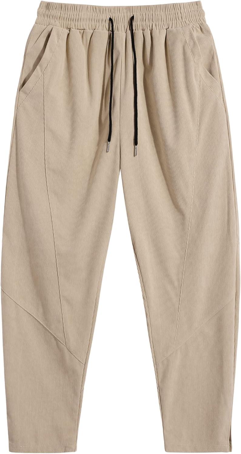 imageCOOFANDY Mens Corduroy Pants Elastic Waist Drawstring Harem Pants Fashion Loose Casual Long Trousers with 4 PocketsLight Khaki
