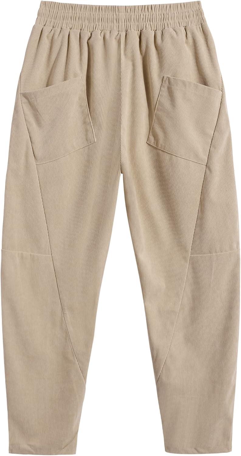imageCOOFANDY Mens Corduroy Pants Elastic Waist Drawstring Harem Pants Fashion Loose Casual Long Trousers with 4 PocketsLight Khaki
