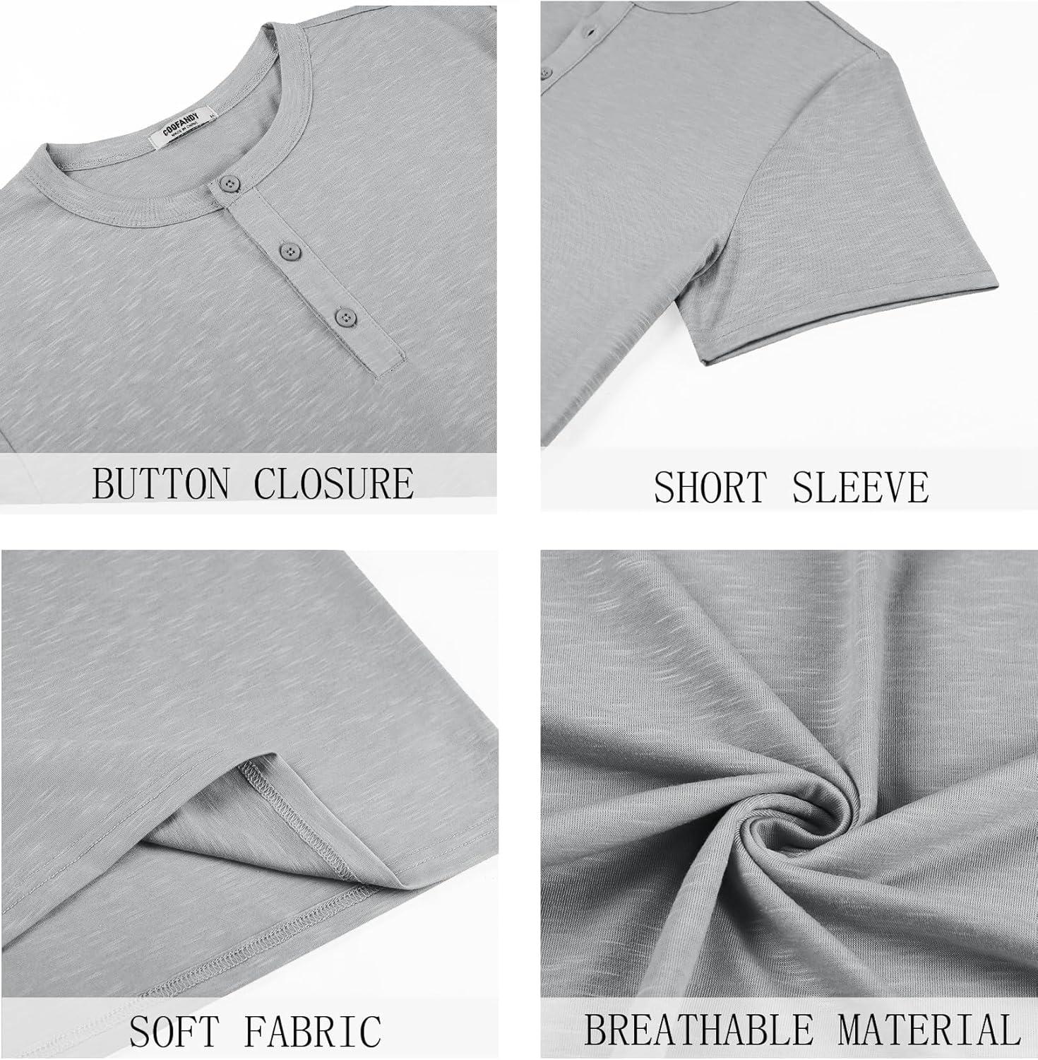 imageCOOFANDY Mens Cotton Henley TShirts Short Sleeve Button Casual Basic Tees Work Shirts with Split SideLight Gray