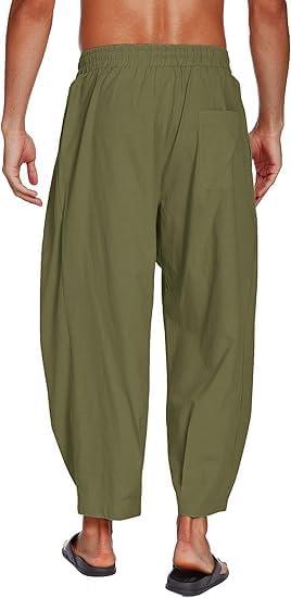 imageCOOFANDY Mens Cotton Linen Harem Pants Drawstring Casual Cropped Trousers Lightweight Loose Beach Yoga Pants with PocketsArmy Green