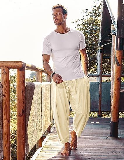 imageCOOFANDY Mens Cotton Linen Harem Pants Drawstring Casual Cropped Trousers Lightweight Loose Beach Yoga Pants with PocketsBeige