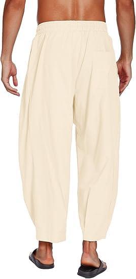 imageCOOFANDY Mens Cotton Linen Harem Pants Drawstring Casual Cropped Trousers Lightweight Loose Beach Yoga Pants with PocketsBeige