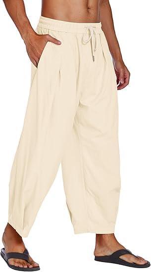 imageCOOFANDY Mens Cotton Linen Harem Pants Drawstring Casual Cropped Trousers Lightweight Loose Beach Yoga Pants with PocketsBeige