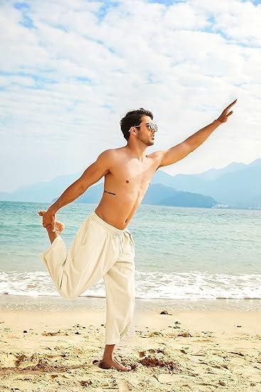 imageCOOFANDY Mens Cotton Linen Harem Pants Drawstring Casual Cropped Trousers Lightweight Loose Beach Yoga Pants with PocketsBeige