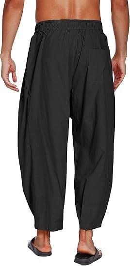 imageCOOFANDY Mens Cotton Linen Harem Pants Drawstring Casual Cropped Trousers Lightweight Loose Beach Yoga Pants with PocketsBlack