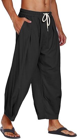 imageCOOFANDY Mens Cotton Linen Harem Pants Drawstring Casual Cropped Trousers Lightweight Loose Beach Yoga Pants with PocketsBlack