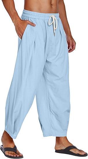 imageCOOFANDY Mens Cotton Linen Harem Pants Drawstring Casual Cropped Trousers Lightweight Loose Beach Yoga Pants with PocketsBlue