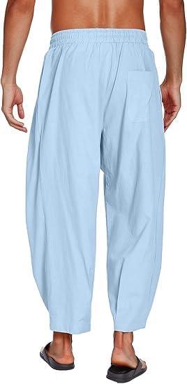 imageCOOFANDY Mens Cotton Linen Harem Pants Drawstring Casual Cropped Trousers Lightweight Loose Beach Yoga Pants with PocketsBlue