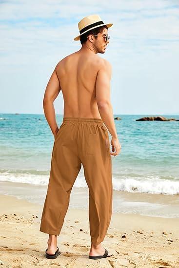 imageCOOFANDY Mens Cotton Linen Harem Pants Drawstring Casual Cropped Trousers Lightweight Loose Beach Yoga Pants with PocketsBrown
