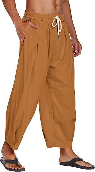 imageCOOFANDY Mens Cotton Linen Harem Pants Drawstring Casual Cropped Trousers Lightweight Loose Beach Yoga Pants with PocketsBrown