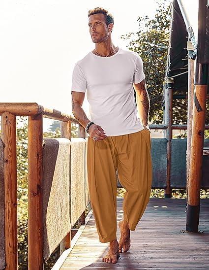 imageCOOFANDY Mens Cotton Linen Harem Pants Drawstring Casual Cropped Trousers Lightweight Loose Beach Yoga Pants with PocketsBrown