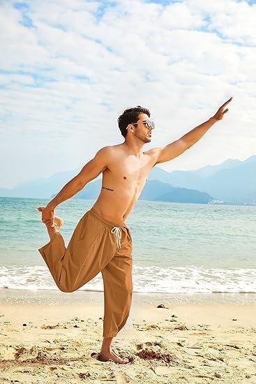 imageCOOFANDY Mens Cotton Linen Harem Pants Drawstring Casual Cropped Trousers Lightweight Loose Beach Yoga Pants with PocketsBrown