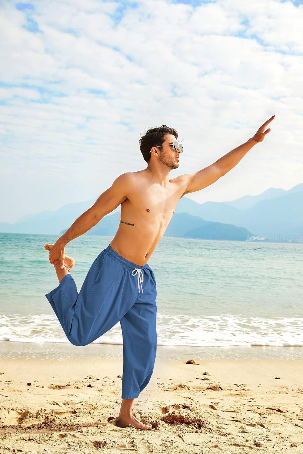 imageCOOFANDY Mens Cotton Linen Harem Pants Drawstring Casual Cropped Trousers Lightweight Loose Beach Yoga Pants with PocketsDark Blue