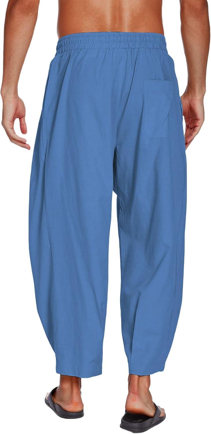 imageCOOFANDY Mens Cotton Linen Harem Pants Drawstring Casual Cropped Trousers Lightweight Loose Beach Yoga Pants with PocketsDark Blue