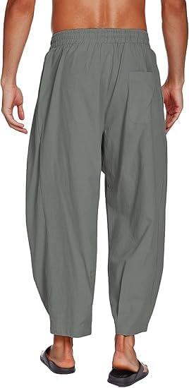 imageCOOFANDY Mens Cotton Linen Harem Pants Drawstring Casual Cropped Trousers Lightweight Loose Beach Yoga Pants with PocketsDark Grey