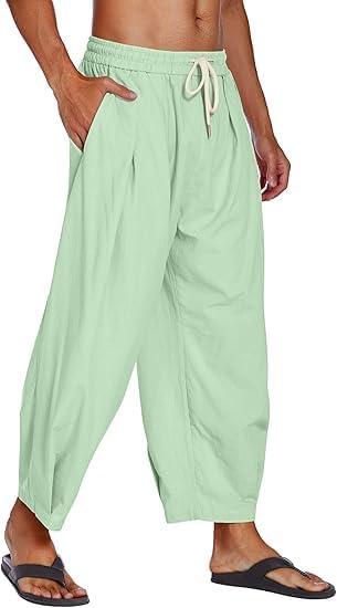 imageCOOFANDY Mens Cotton Linen Harem Pants Drawstring Casual Cropped Trousers Lightweight Loose Beach Yoga Pants with PocketsGreen